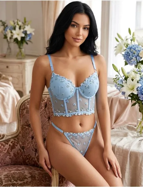 Tecna Balenli Nakışlı Büstiyer & Külot Takımı – Bebe Mavisi – Mavi 1. görsel
